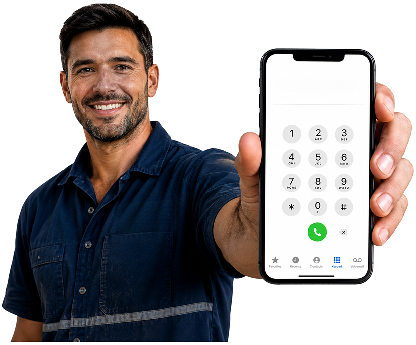 Stanhope Gardens Blocked Drains plumber holding a phone — call 1300 261 965