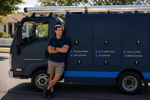 Plumber standing beside a service van in Stanhope Gardens