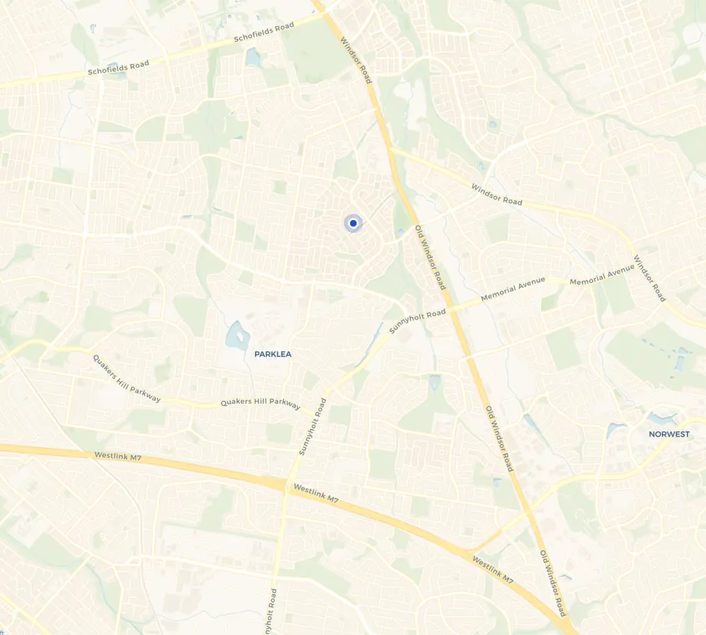 Map of the Stanhope Gardens service area and the surrounding Hills District, showing Stanhope Gardens and the nearby streets we cover.