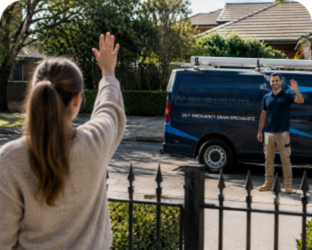 Customer waving goodbye to a Stanhope Gardens Blocked Drains plumber